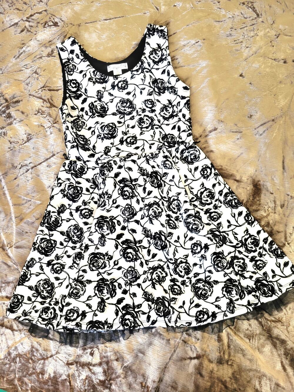 Knit Works Girls Black Velvet Flocked Rose Dress Tulle Trim Holiday Party Size12